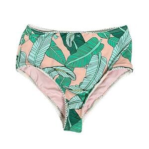 Palms Away High Waist Palm Leaf Print Swim Bottom Size S Green Peach NWOT